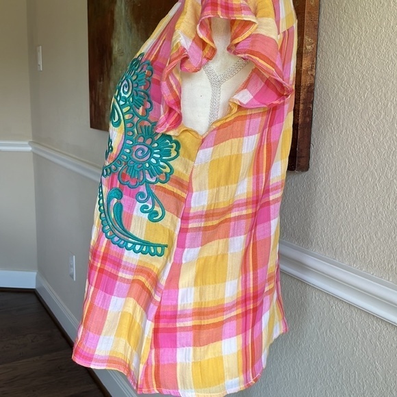 THML - Anthropologie Blouse Top Size S Teal Embroidered Top lightweight Colorful - Picture 4 of 16